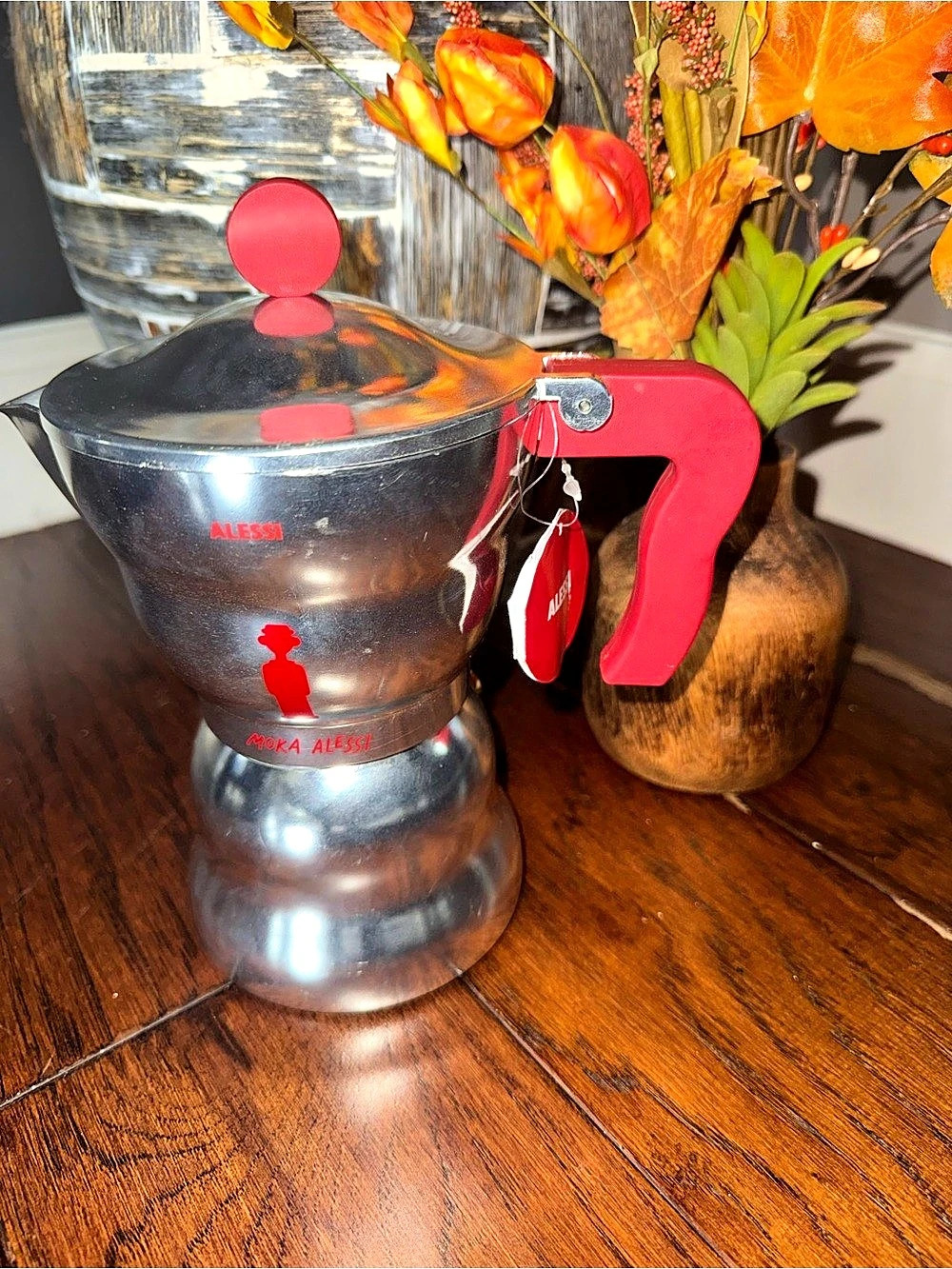 Moka Alessi Silver & Red Stovetop Coffee Maker NWT